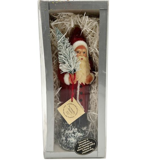 Ino Schaller Bayern paper mache Santa Claus red coat flocked tree 10" tall box - Picture 3 of 11